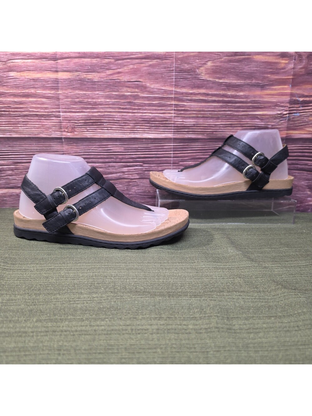 Born Black Double T-Strap Cork Flat Sandals Women's 9M New